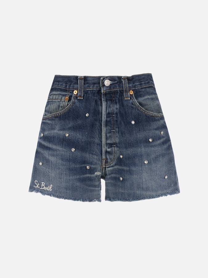 Mc2 Saint Barth Pantaloncini da donna in denim riciclato con strass Vendite Flash