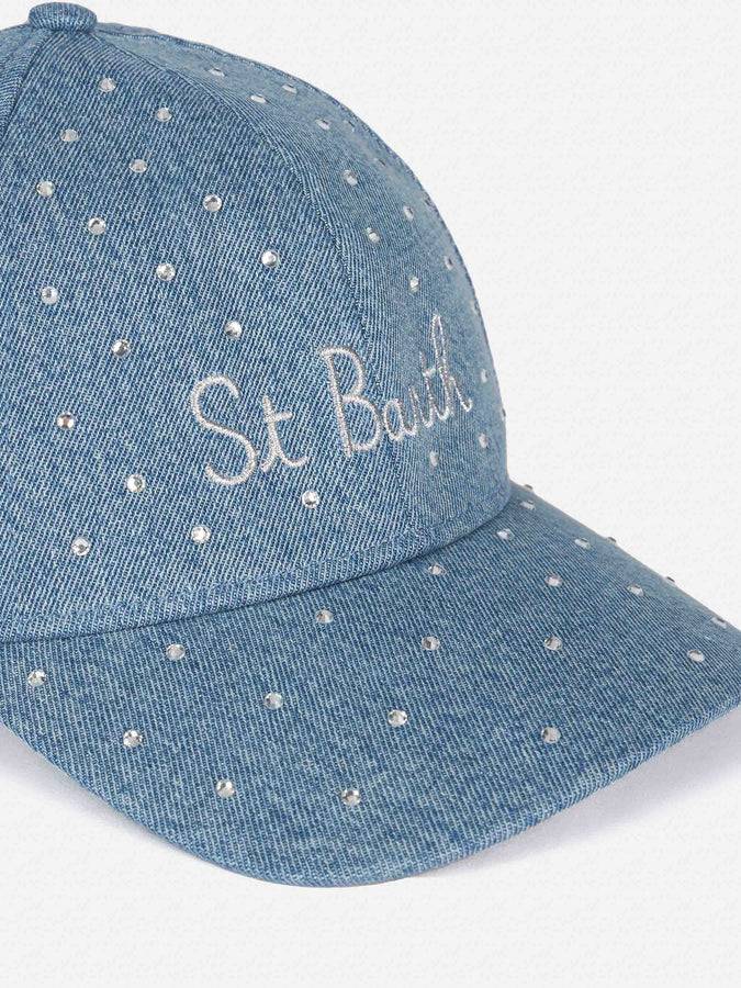 Mc2 Saint Barth Cappellino Davis in denim impreziosito da strass Nuova