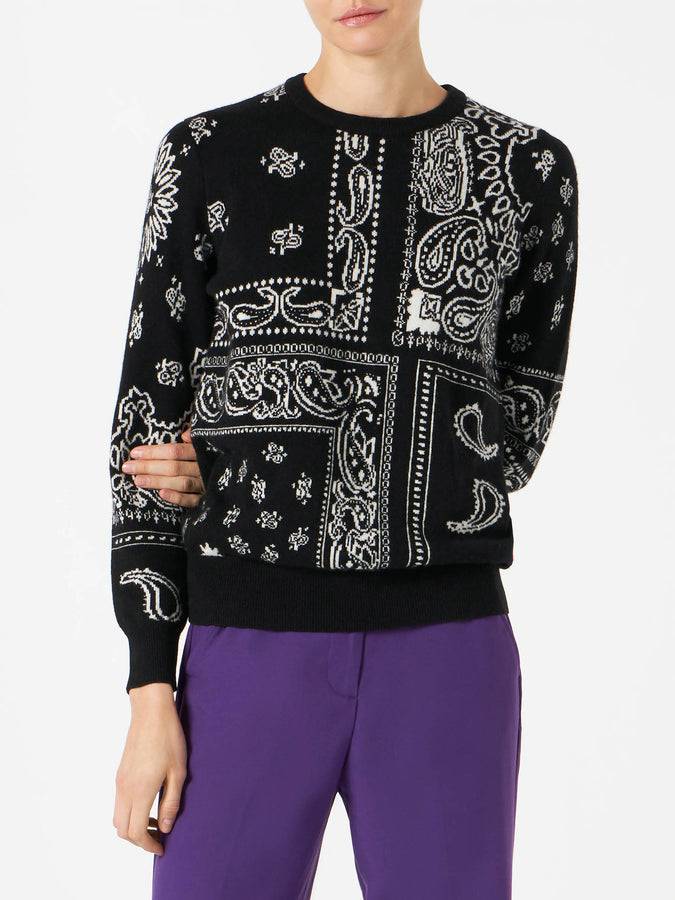 Mc2 Saint Barth Maglia da donna in misto cashmere nero fantasia bandana