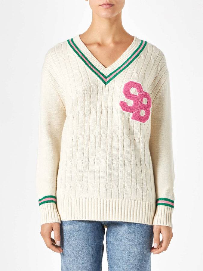 Mc2 Saint Barth Maglia da donna scollo a v intrecciata con patch