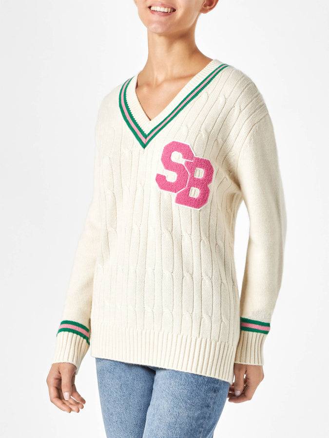 Mc2 Saint Barth Maglia da donna scollo a v intrecciata con patch Italia