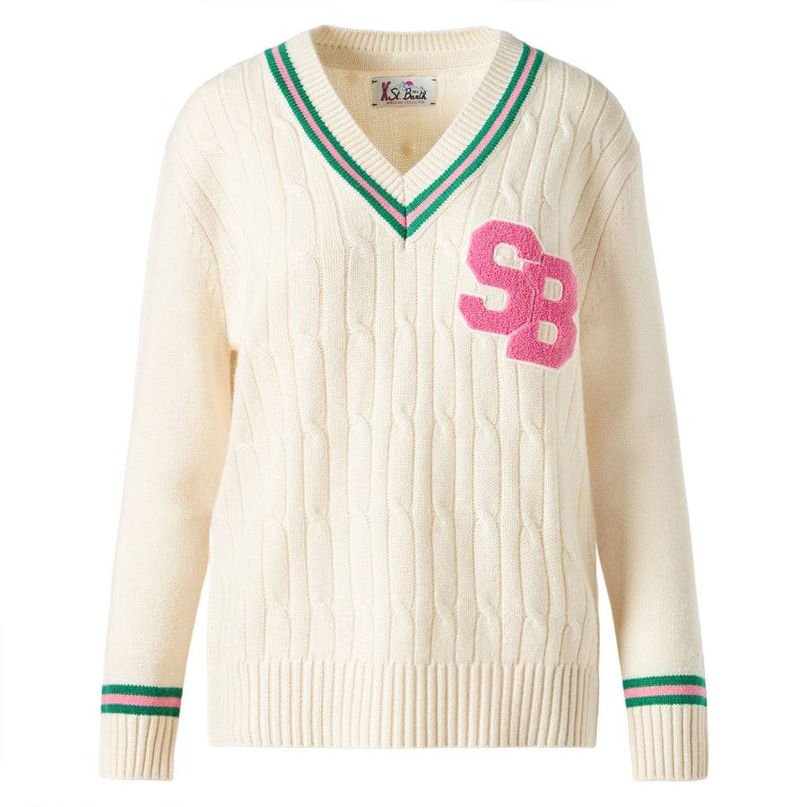 Mc2 Saint Barth Maglia da donna scollo a v intrecciata con patch Italia