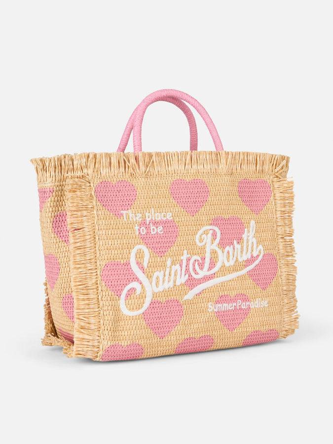 Mc2 Saint Barth Natural beige Colette Raffia handbag with hearts embroidery Fino al 50% di sconto
