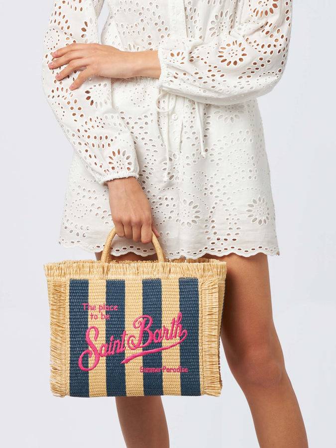 Mc2 Saint Barth Colette Straw handbag with navy blue striped print Sottocosto