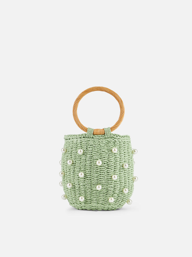 Mc2 Saint Barth Borsa a secchiello in rattan verde acqua con decorazione di perle Economico