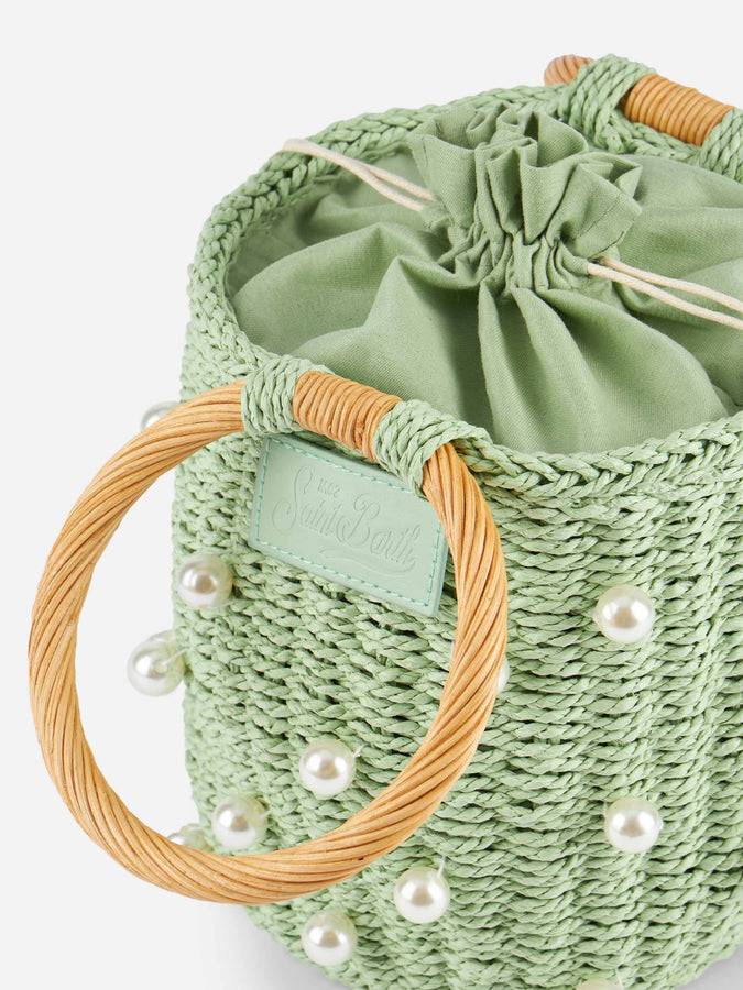 Mc2 Saint Barth Borsa a secchiello in rattan verde acqua con decorazione di perle Economico