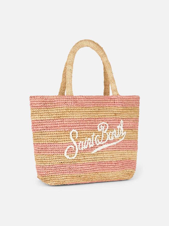 Mc2 Saint Barth Borsa midi Beach in rafia a righe rosa con pochette in cotone Offerte