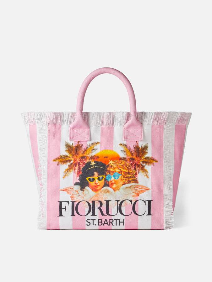 Mc2 Saint Barth Borsa a spalla Vanity in canvas con stampa a righe bianche e rosa e angeli Fiorucci | FIORUCCI SPECIAL EDITION