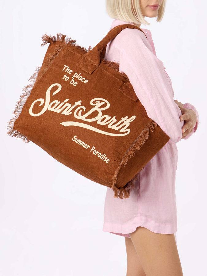 Mc2 Saint Barth Brown Vanity Linen tote bag with Saint Barth logo In Saldo