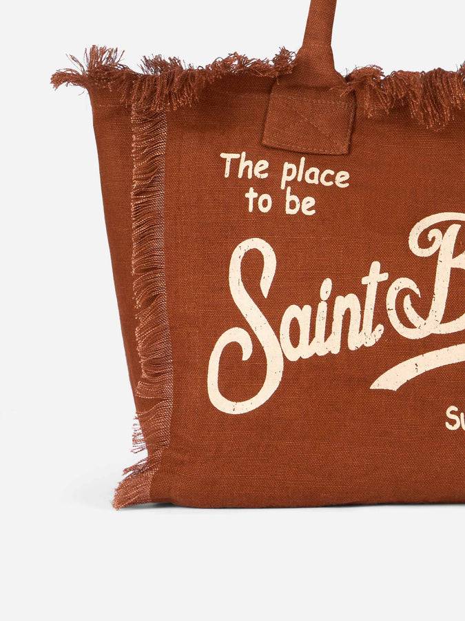 Mc2 Saint Barth Brown Vanity Linen tote bag with Saint Barth logo In Saldo