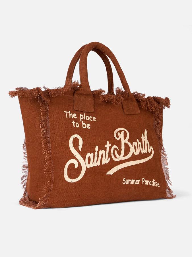 Mc2 Saint Barth Brown Vanity Linen tote bag with Saint Barth logo In Saldo