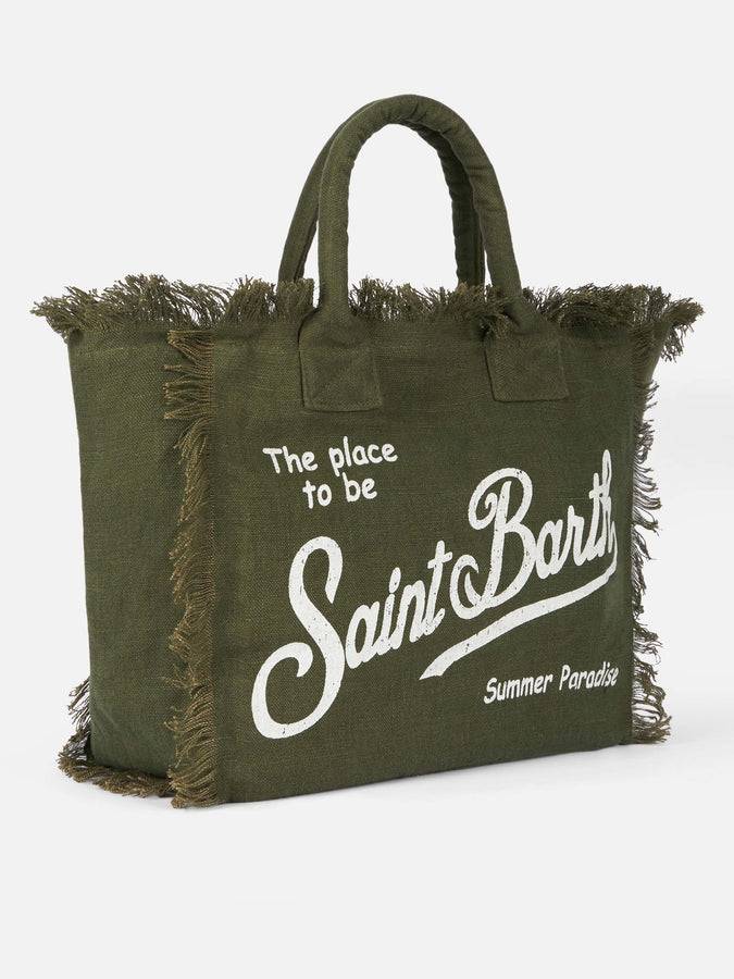 Mc2 Saint Barth Borsa tote Vanity Linen verde militare con ricami Italia