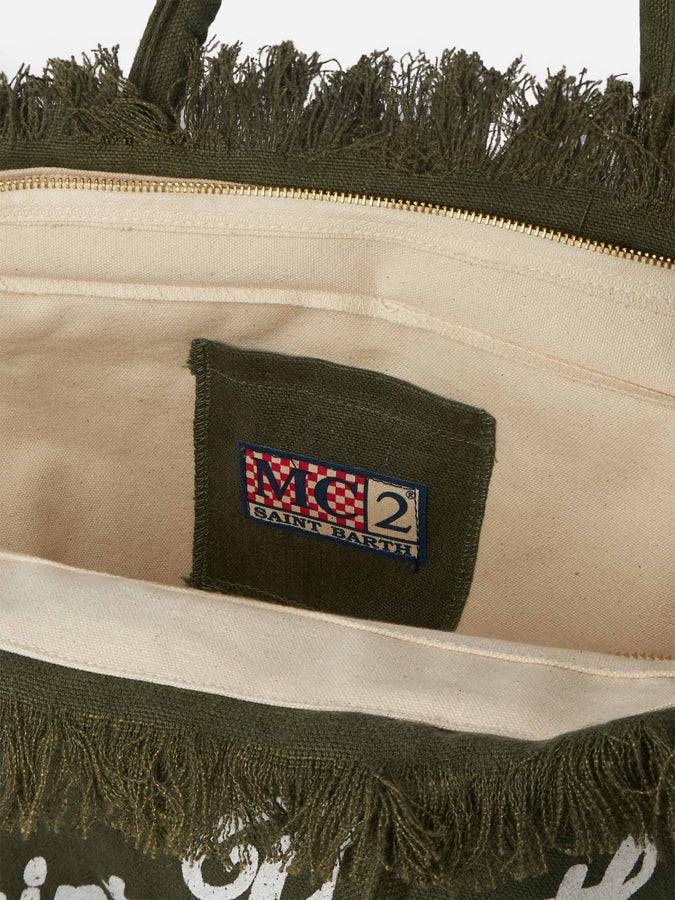 Mc2 Saint Barth Borsa tote Vanity Linen verde militare con ricami Italia