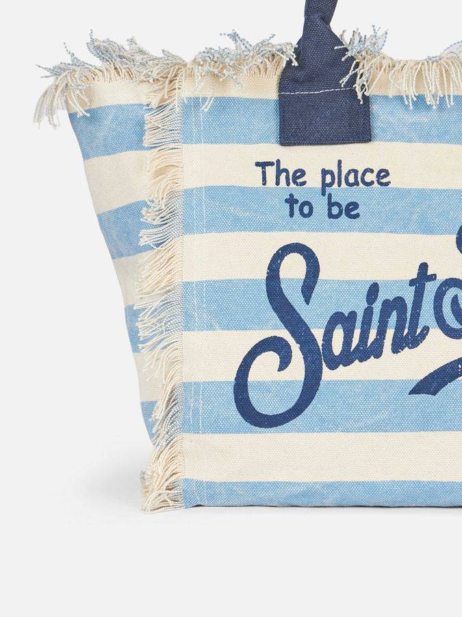 Mc2 Saint Barth Borsa tote Vanity in tela di cotone a righe azzurre Nuovo