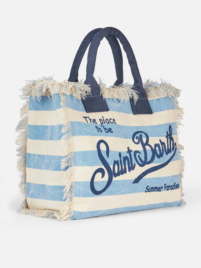 Mc2 Saint Barth Borsa tote Vanity in tela di cotone a righe azzurre Nuovo