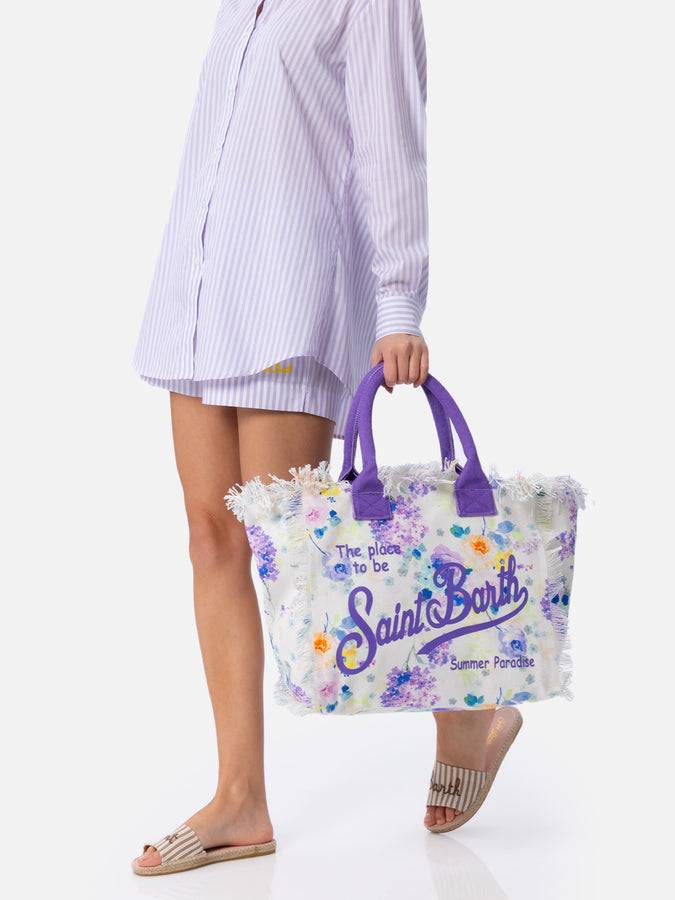 Mc2 Saint Barth Borsa tote Vanity in tela di cotone con fiori color acqua Spedizione Gratuita