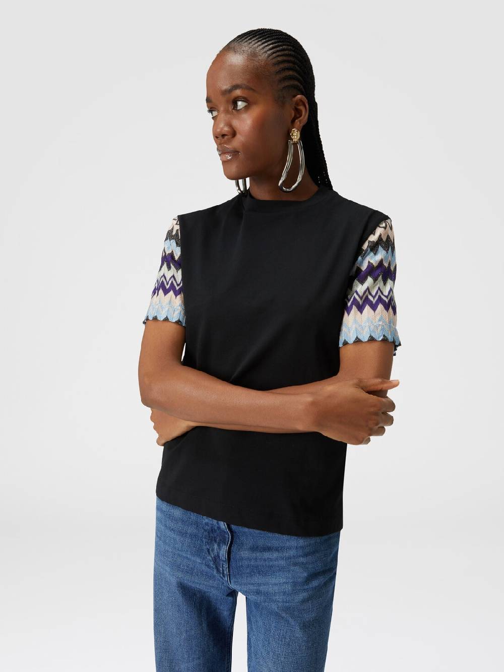 Missoni T-shirt in jersey di cotone con maniche in maglia zig zag Economico