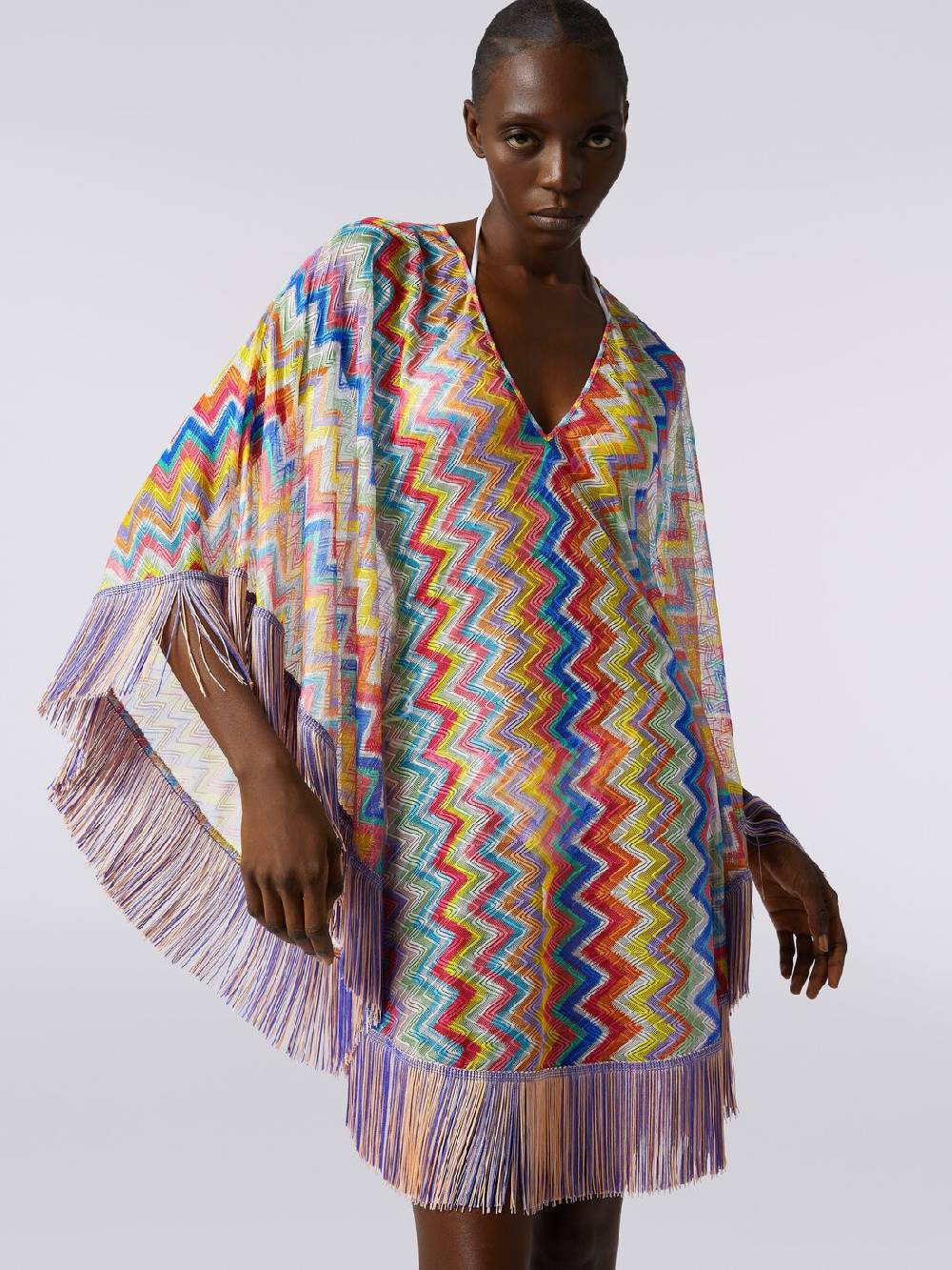 Missoni Caftano copricostume corto stampa zig zag con frange Outlet