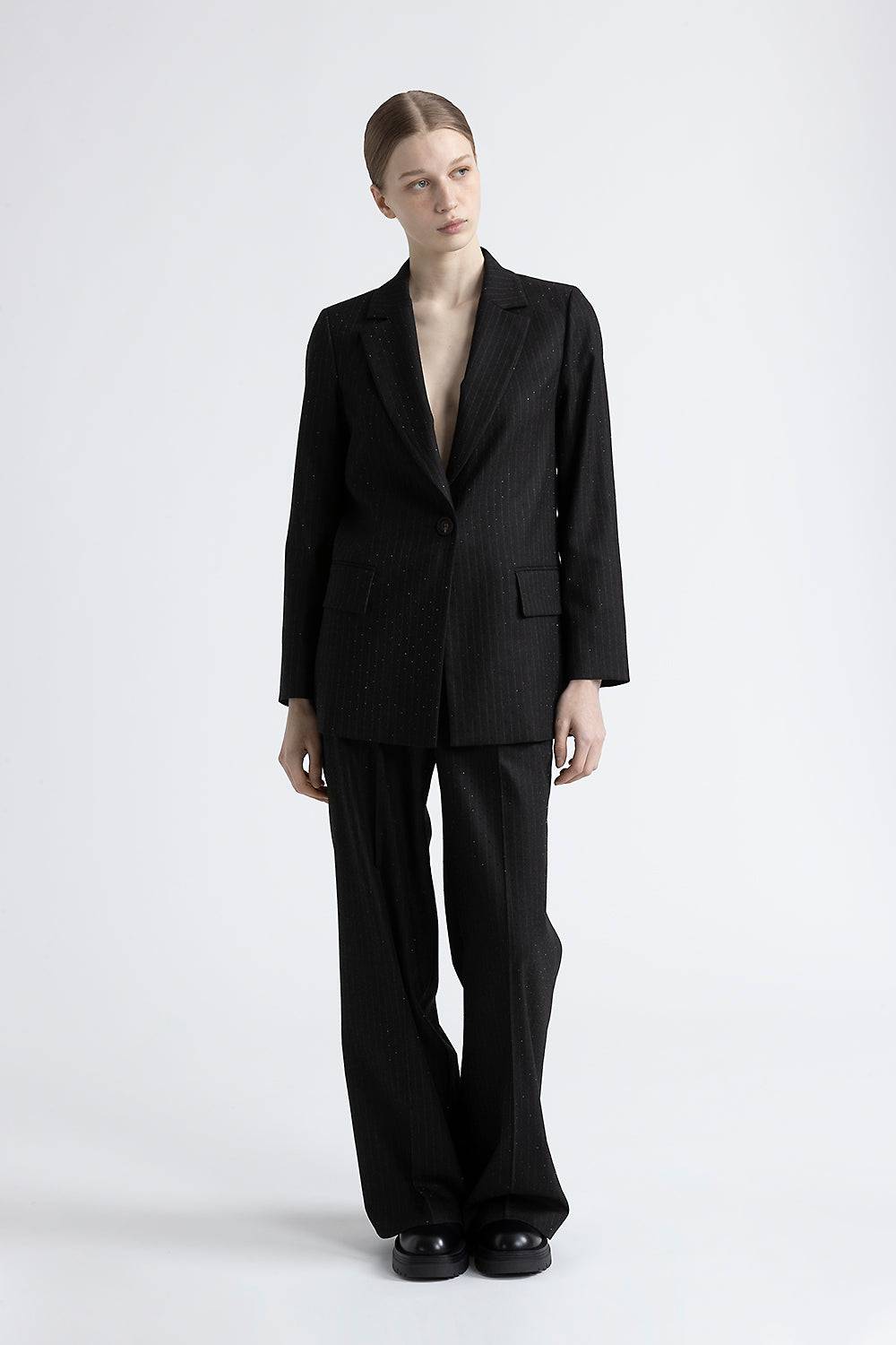 Peserico Blazer monopetto in flanella gessata di viscosa con strass Vendita Calda
