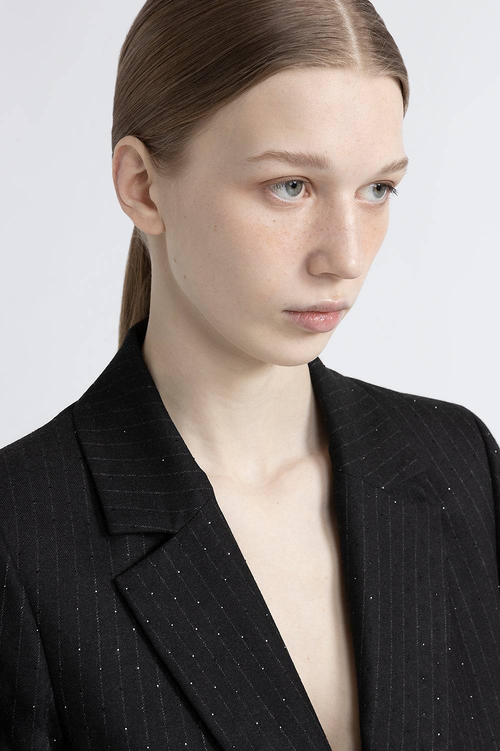 Peserico Blazer monopetto in flanella gessata di viscosa con strass Vendita Calda