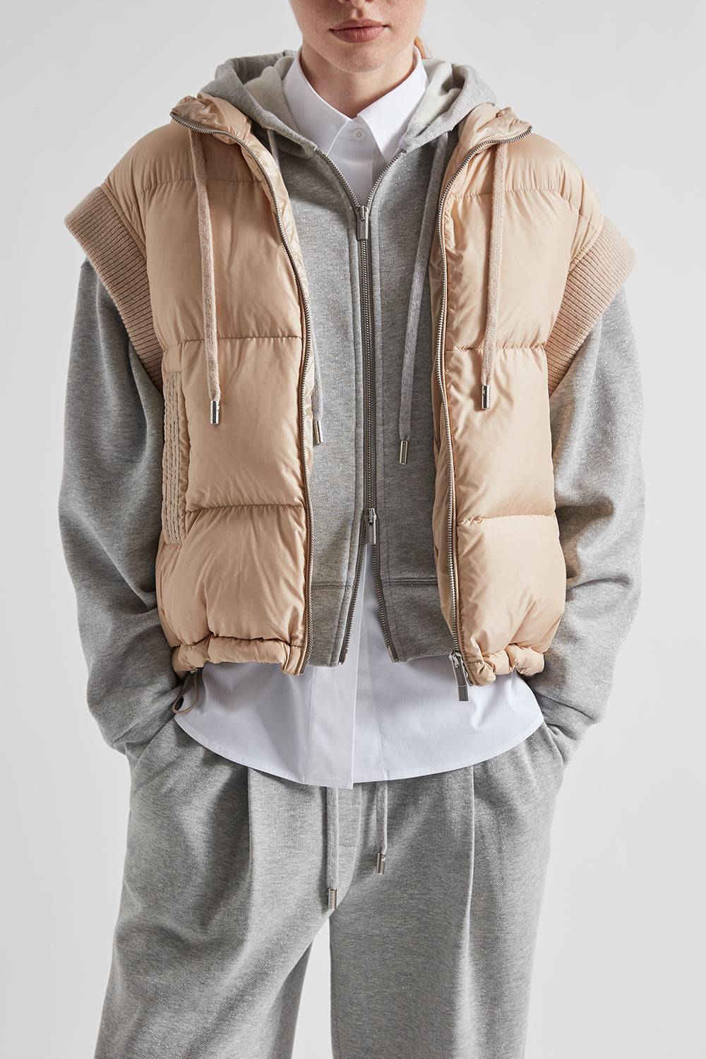 Peserico Gilet in piuma con cappuccio in lana e microfibra Italy