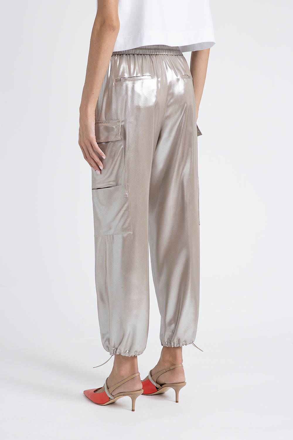 Peserico Pantalone baggy in fluido twill di viscosa laminato argento Sconto