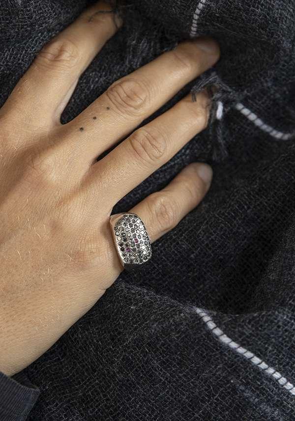 Rose & Lini ROSAMARIA “NASHKA” DIAMONDS & RUBY SILVER RING Soddisfazione Garantita