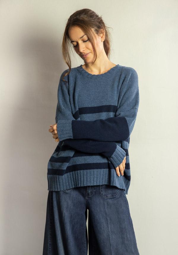 Rose & Lini MARCHÉ DES PALMIERS WOOL “GINEVRINA” STRIPED PULL BORMIDA & BLUE Fino Al -60%