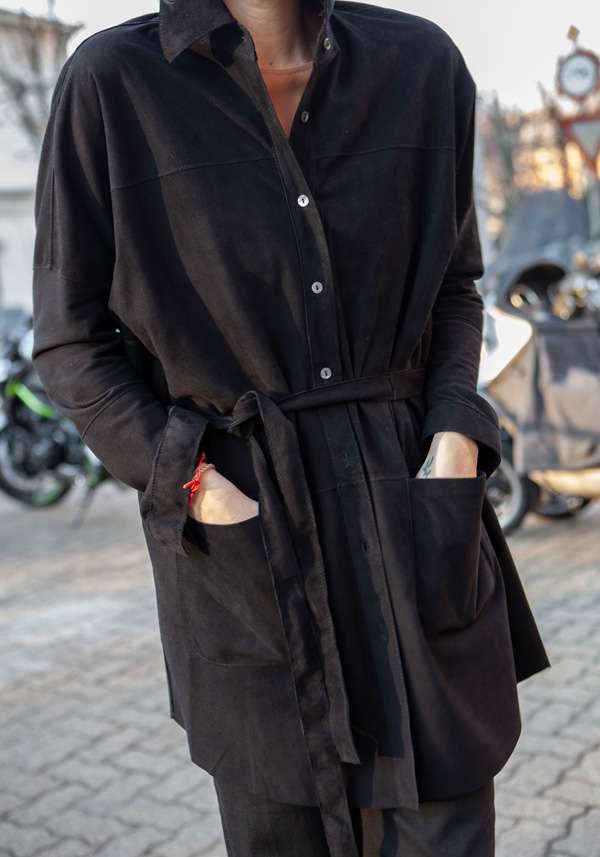 Rose & Lini GIORGIO BRATO BLACK SUEDE LEATHER MAXI SHIRT Promozione Limitata