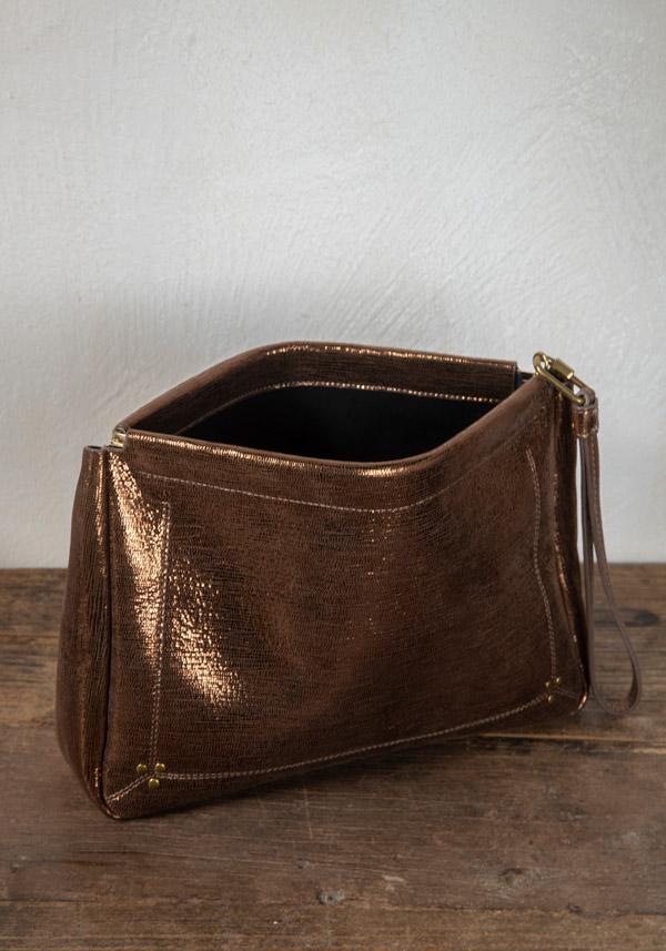 Rose & Lini JÉRÔME DREYFUSS “CLIC CLAC XL” LAMÈ BRONZE CLUTCH BAG Prezzo basso