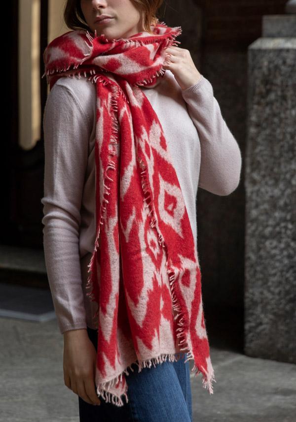 Rose & Lini MIRROR IN THE SKY CASHMERE “OPEN KNITTED PRINT” BEIGE & FIERY SCARF Offerta San Valentino