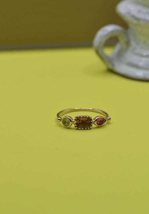 Rose & Lini DORETTE CITRINE & PINK TOURMALINE “BAGUE SIMPLE” GOLD RING Super sconto