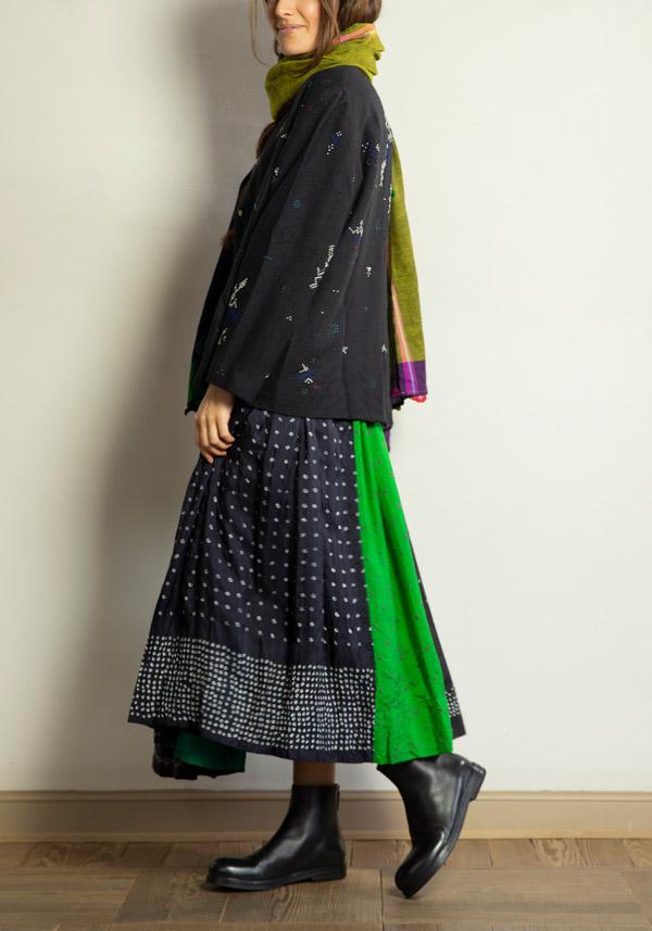 Rose & Lini INJIRI SILK PATTERNED “SKIRT 145 CUS” BLACK BLUE & GREEN Offerta speciale della fabbrica