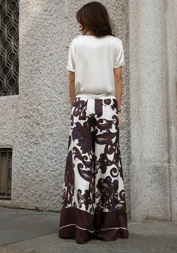 Rose & Lini CO.GO SILK BROWN & WHITE “PANTS VP241” FLORAL Promozione Limitata