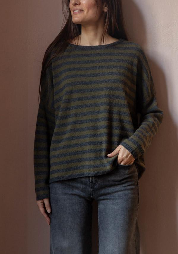 Rose & Lini THAT’S ALYKI CASHMERE “SOPHIE” KAKI & STONE STRIPED SWEATER Hotsell