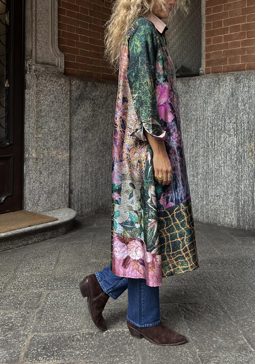 Rose & Lini BOKJA SILK GREEN PATTERNED LONG “Z DRESS” Vendita calda