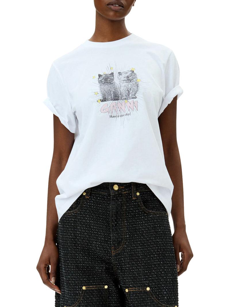 Suitnegozi T-SHIRT RELAX CON GATTI IN JERSEY BIANCO BASIC Hotsell