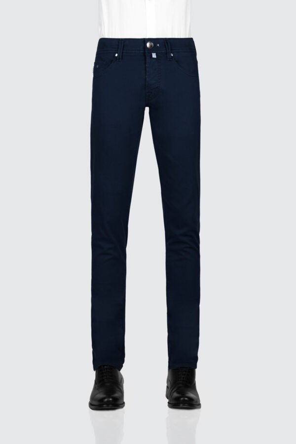 Sartoria Tramarossa PANTALONE LEONARDO BUTTONS REGULAR IN BULL DI COTONE BLU SCURO Vendita Calda