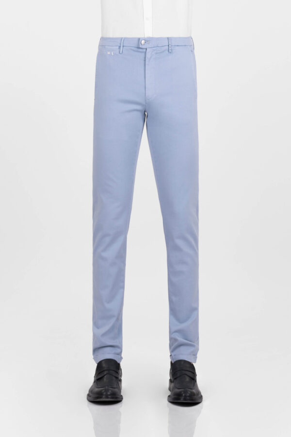 Sartoria Tramarossa PANTALONE LUIS SLIM IN GABARDINA LEGGERA DI COTONE CON STAMPA ESTERNA STRETCH BLU CHIARO Presa