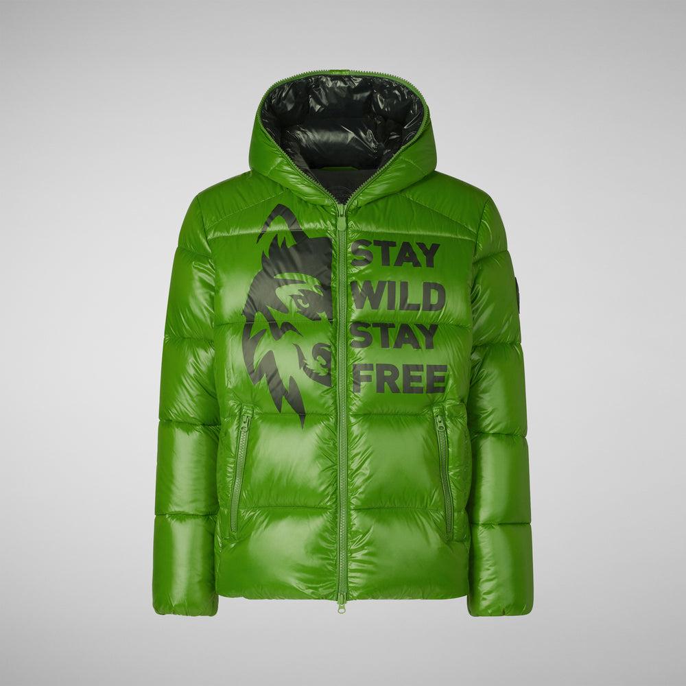 Save the duck PIUMINO ANIMAL FREE CON CAPPUCCIO UOMO EVANDER STAMPA SU SFONDO VERDE Outlet