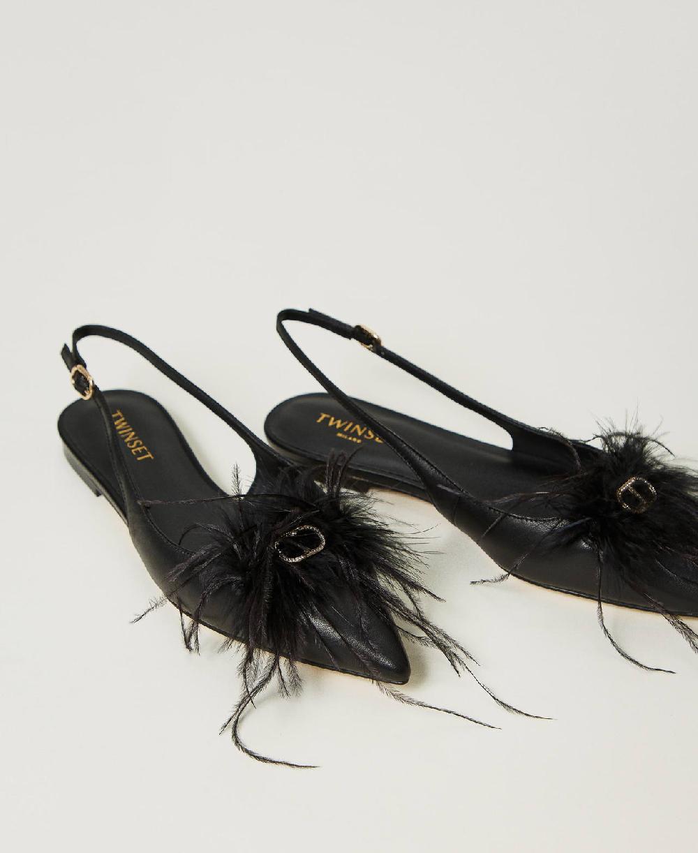 Scee by twin set Ballerine sling back in pelle con piume Prezzo Ridotto