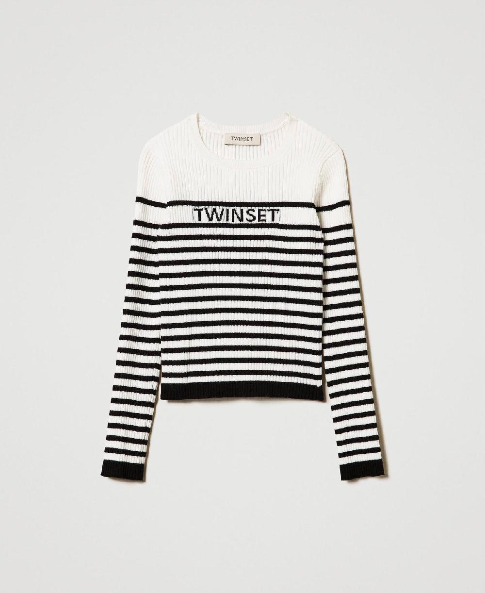 Scee by twin set Maglia girocollo a righe con logo jacquard