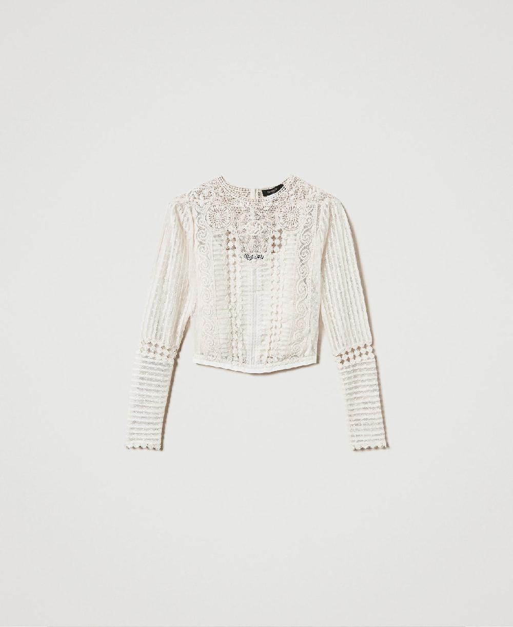 Scee by twin set Blusa in mussola con pizzo e ricami