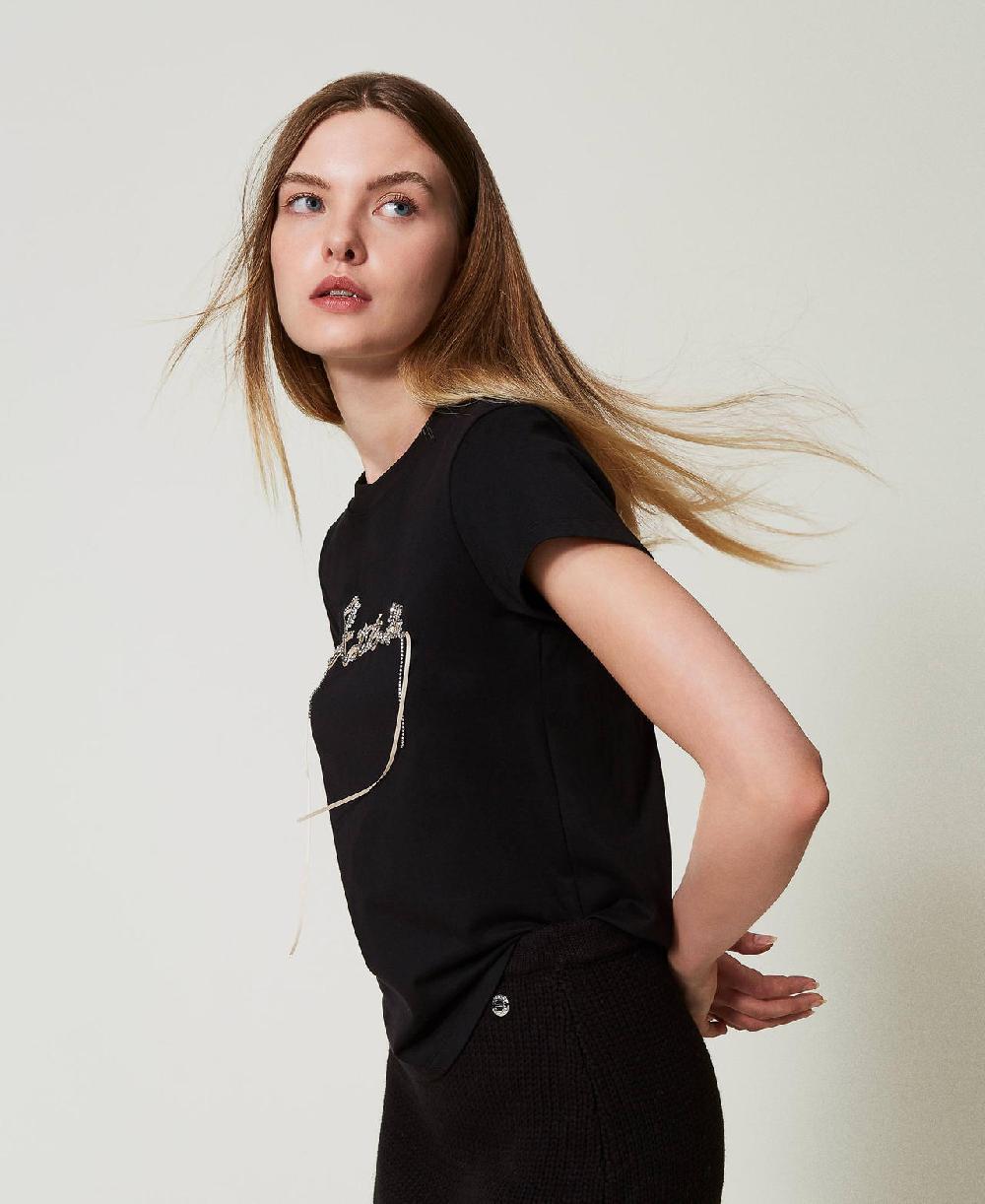 Scee by twin set T-shirt con logo e strass Italy