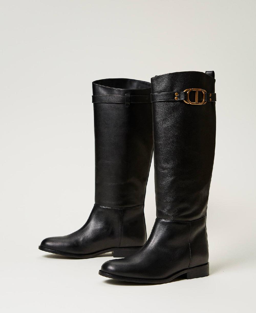 Scee by twin set Stivali alti in pelle con Oval T Acquista Ora