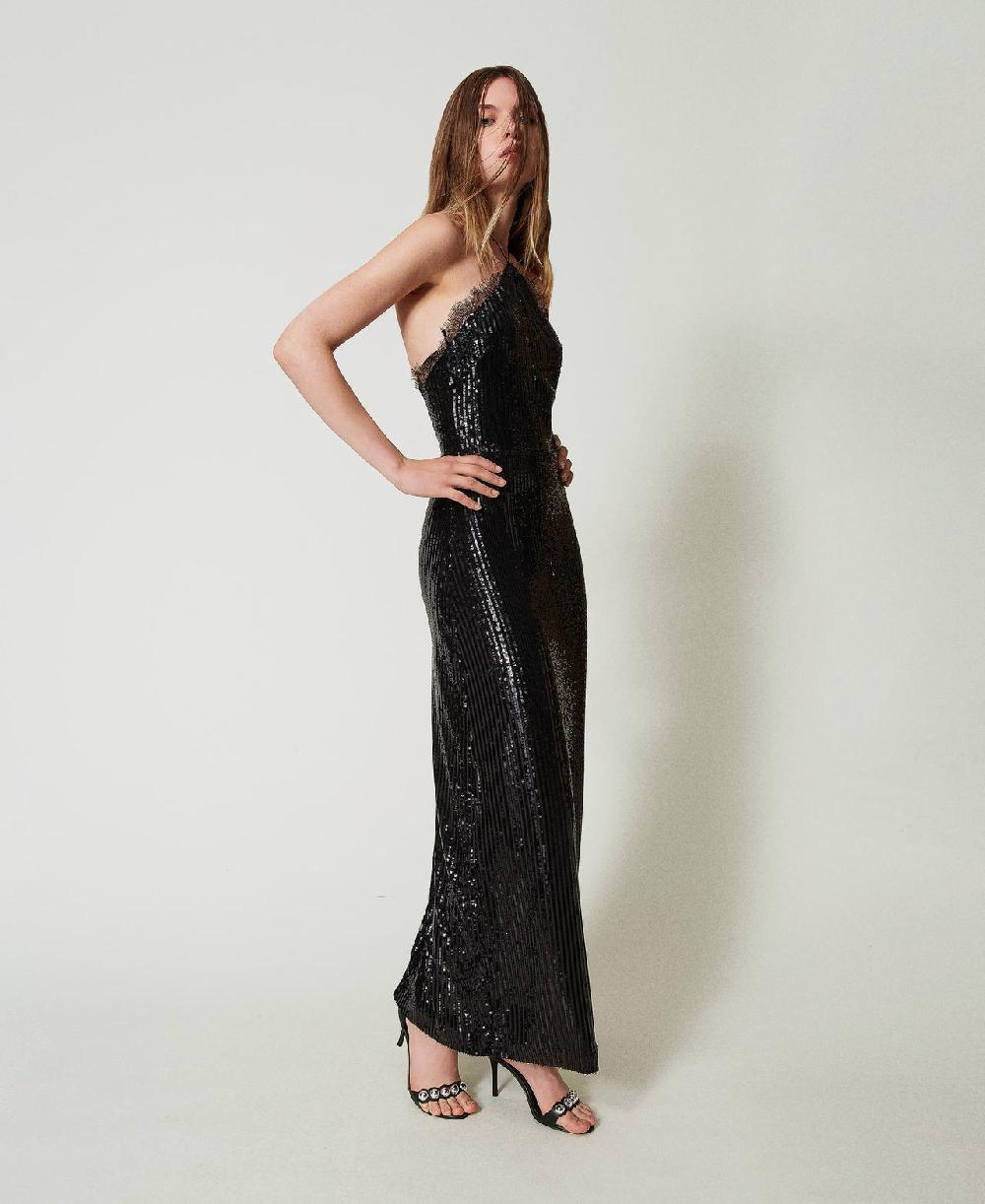 Scee by twin set Abito lungo in paillettes con pizzo In Linea