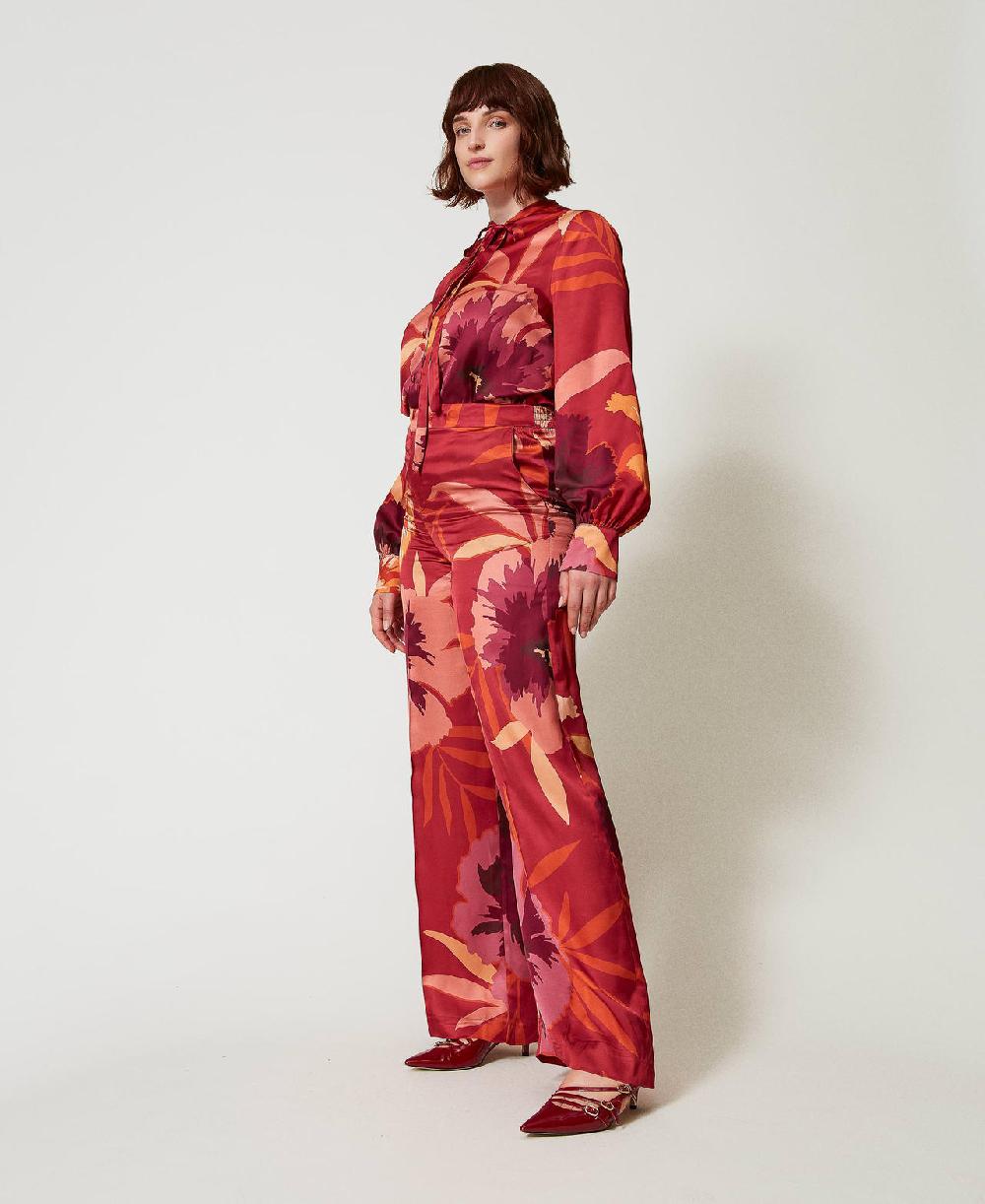 Scee by twin set Pantaloni wide leg in raso a fiori Shopping Online