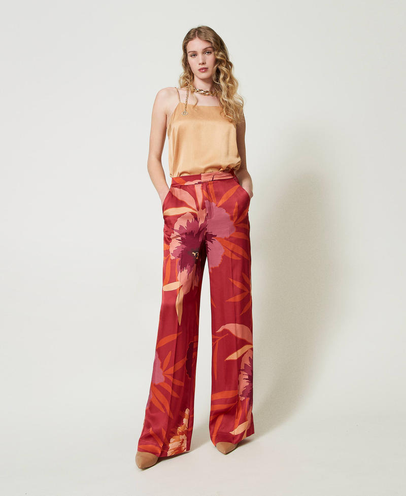 Scee by twin set Pantaloni wide leg in raso a fiori Shopping Online