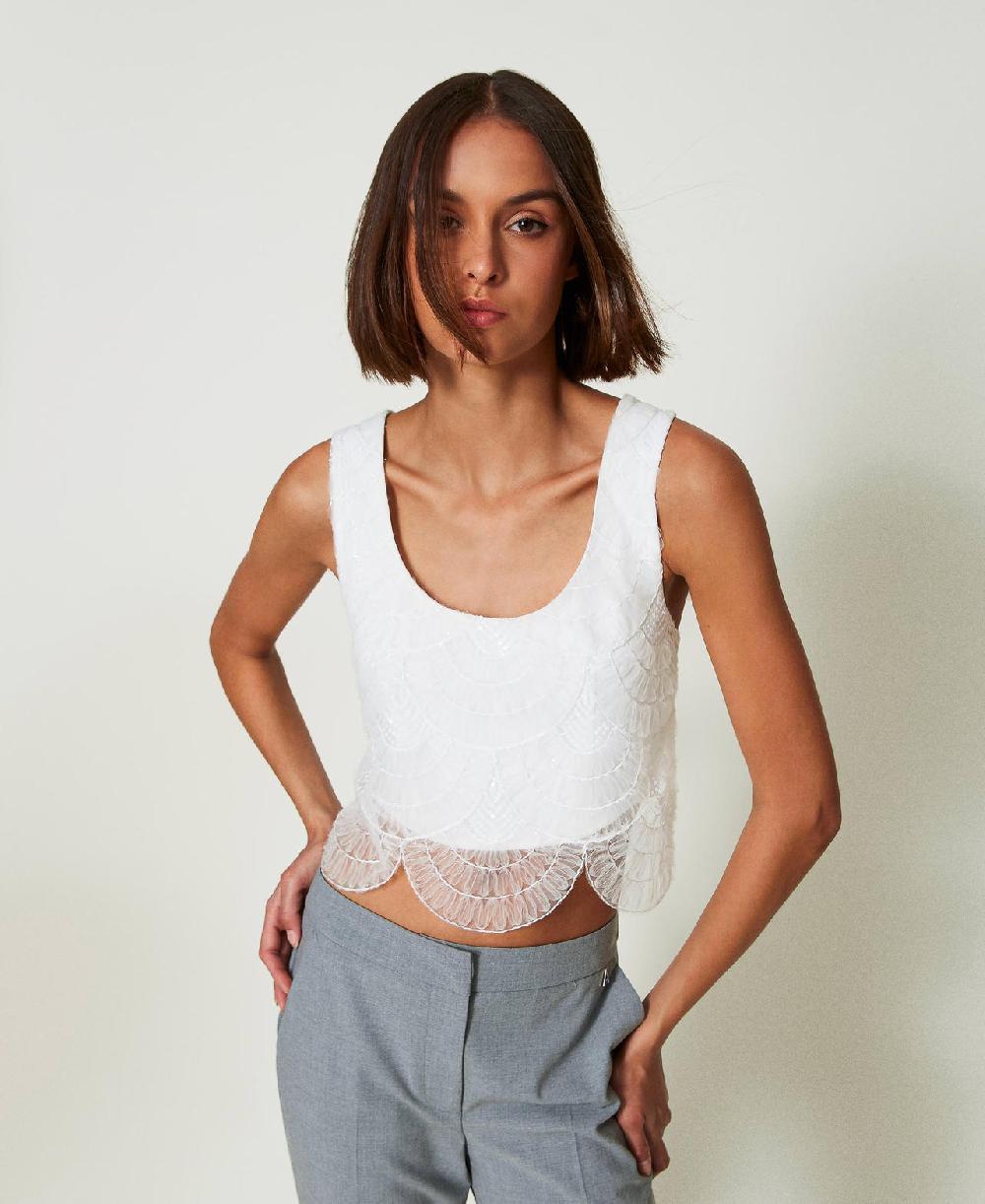 Scee by twin set Top in crêpe cady e organza ricamata Qualità Garantita