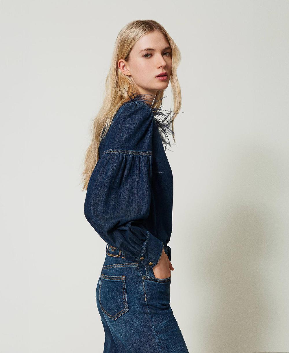 Scee by twin set Camicia in jeans con piume Discount Store per i nuovi prodotti